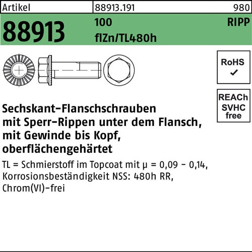 Sechskantflanschschraube R 88913 Sperr-Ripp VG M6x10 100 flZnnc 480h-L 500St - VPE: 500