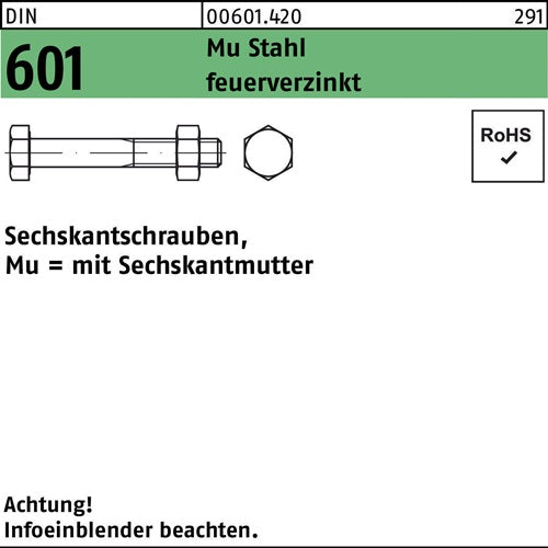 Sechskantschraube DIN 601 mSechskantmutter M 20 x 50 Mu Stahl 46 feuerverzinkt 25 Stück