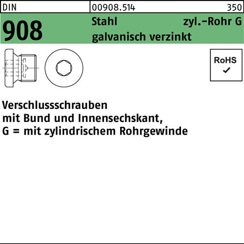 Verschlußschraube DIN 908 mBund/Innen-6-kant G 1 1/2 A Stahl galvanisch verzinkt 1 Stück