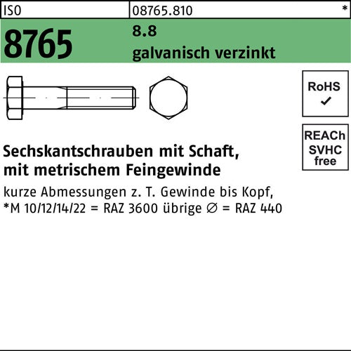 Sechskantschraube ISO 8765 Schaft M20x15x200 88 galvverz 10St - VPE: 10