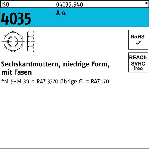 Sechskantmutter ISO 4035 niedrig Fasen M3 A 4 100 Stück - VPE: 100