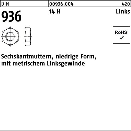 Sechskantmutter DIN 936 links M 12 -LH 14 H 100 Stück