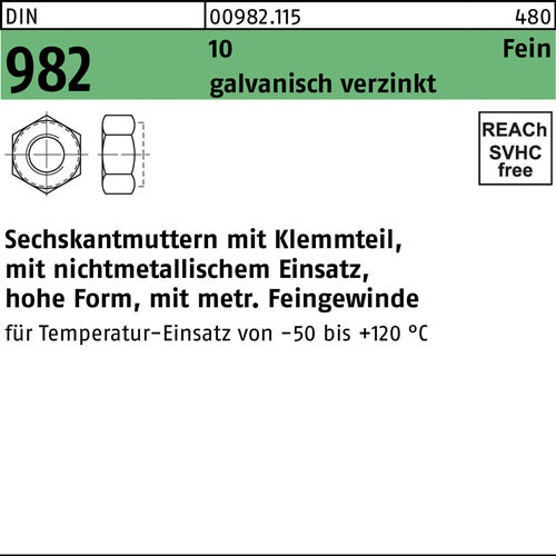 Sechskantmutter DIN 982 mKlemmteil M 14 x 15 10 galvanisch verzinkt 100 Stück