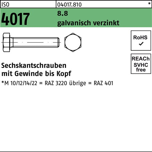 Sechskantschraube ISO 4017 VG M18x 75 88 galvverz 25 Stück - VPE: 25