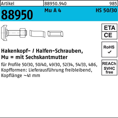 Hammerkopfschraube R 88950 Typ 50/30 6-ktmutter M12x 50 Mu A 4 25St HALFEN - VPE: 25