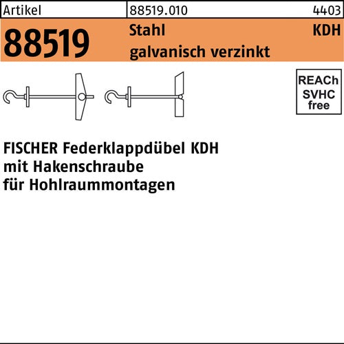 Klappdübel R 88519 Hakenschraube KDH 4x95 Stahl galvverz 25St FISCHER - VPE: 25