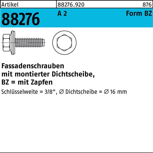 Fassadenschraube R 88276 Dichtscheibe/Zapfen BZ 63x 16 A 2 500 Stück - VPE: 500