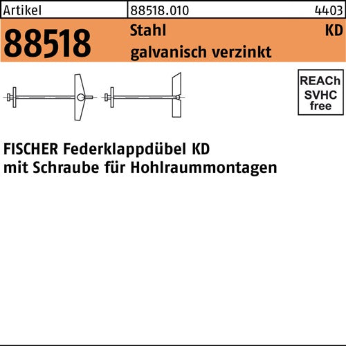 Klappdübel R 88518 Schraube KD 6x100 Stahl galvverz 25St FISCHER - VPE: 25