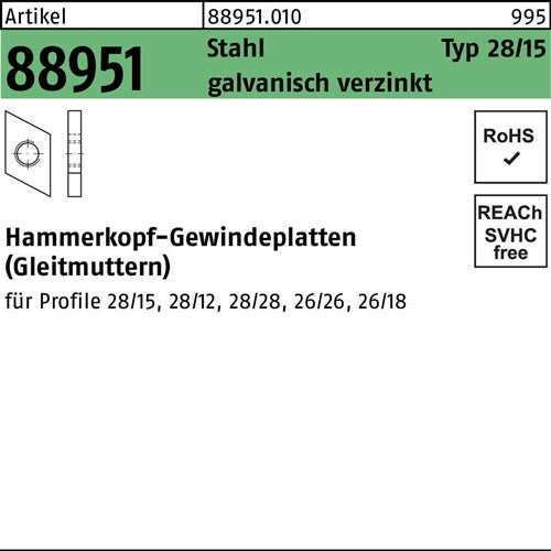 Hammerkopfgewindeplatte R 88951 Typ 28/15 M10 Stahl galvverz 100St - VPE: 100