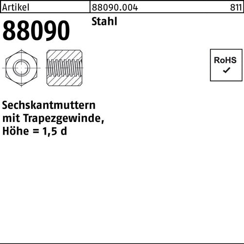 Sechskantmutter R 88090 Trapezgewinde TR24x5-SW36x36 Stahl Höhe=15d 1 Stück