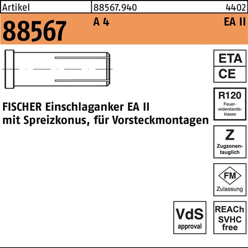 Einschlaganker R 88567 EA II M10x40 A 4 50 Stück FISCHER - VPE: 50