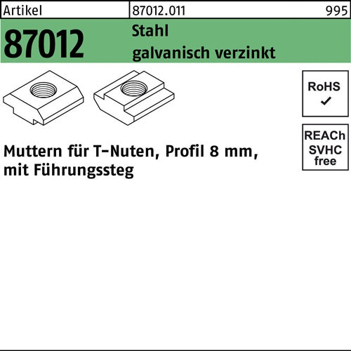 T-Nutenmutter R 87012 mFührungssteg 8mm M 8 Stahl galvanisch verzinkt 100 Stück