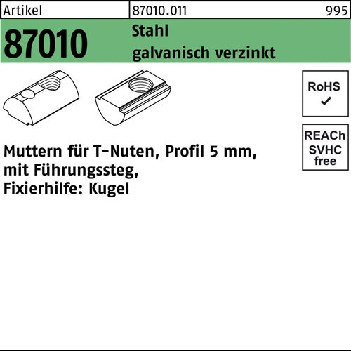 T-Nutenmutter R 87010 mFührungssteg 5mm M 5 Stahl galvanisch verzinkt 100 Stück