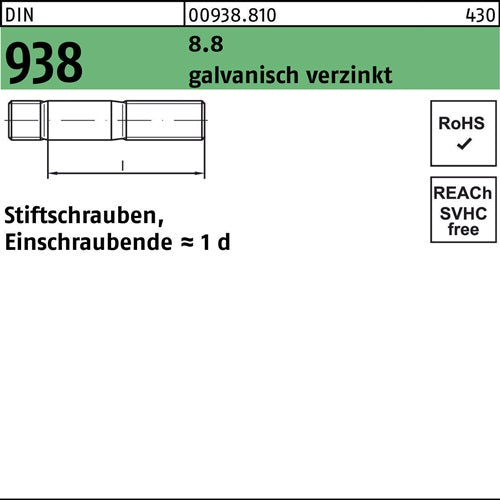 Stiftschraube DIN 938 M 20 x 50 88 galvanisch verzinkt 10 Stück