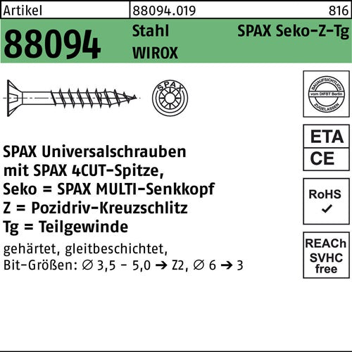 Schraube R 88094 SEKO Spitze/PZ 45x40/24-Z TG Sta galvverz WIROX 500St SPAX - VPE: 500