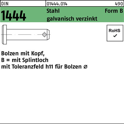 Bolzen DIN 1444/ISO 2341 mKopf/Splintloch B 10 x 50/455 Stahl galvanisch verzinkt 10 Stück