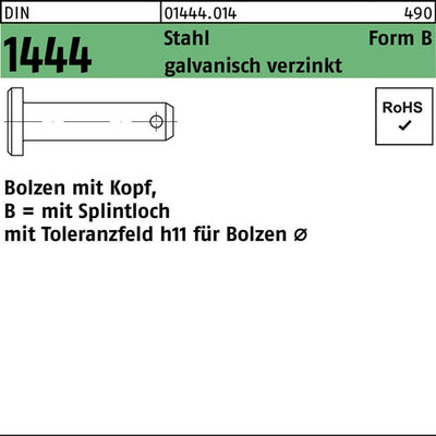 Bolzen DIN 1444/ISO 2341 mKopf/Splintloch B 8 x 50/465 Stahl galvanisch verzinkt 100 Stück