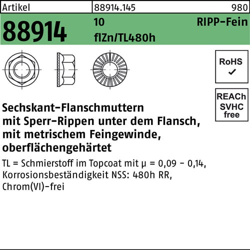 Sechskantflanschmutter R 88914 Sperr-Ripp M14x15 10 flZnnc 480h-L 100St - VPE: 100