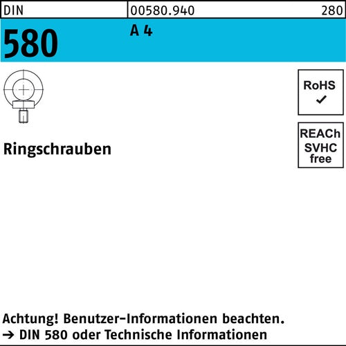 Ringschraube DIN 580 M 10 A 4 Ohne Oberflächenangabe 1 Stück