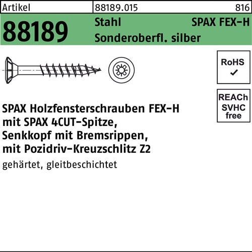 Holzfensterschraube R 88189 Seko Bremsrippen PZ 4x35-Z Sta silber 1000St SPAX - VPE: 1000