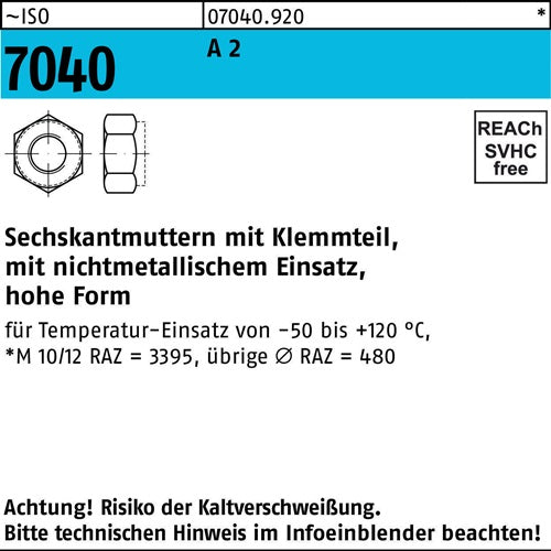 Sechskantmutter ISO 7040 Klemmteil M12 A 2 - 70 250 Stück - VPE: 250