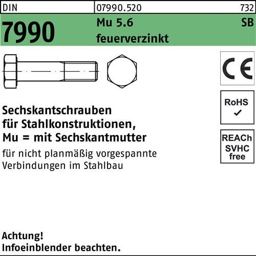 Sechskantschraube DIN 7990 CE Sechskantmutter M16x40 56 feuerverz 50St - VPE: 50