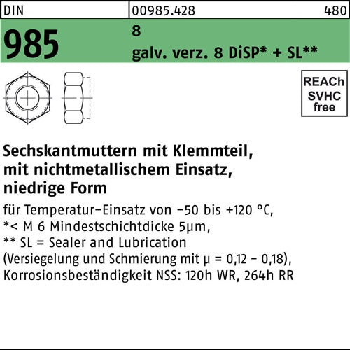 Sechskantmutter DIN 985 mKlemmteil M 3 6-8 galv verz 1000 Stück
