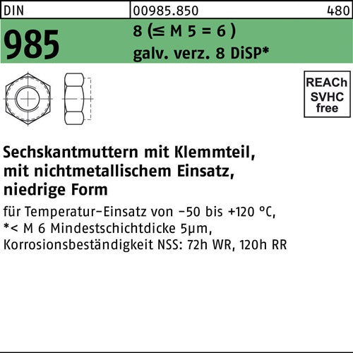 Sechskantmutter DIN 985 mKlemmteil M 12 8 (=M5 = 6 ) galvanisch verzinkt 8 DiSP 250 Stück