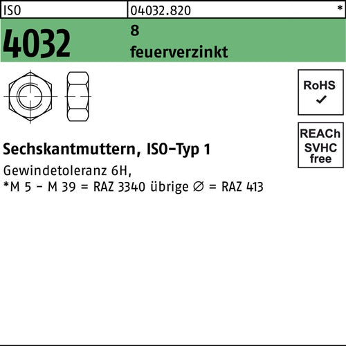 Sechskantmutter ISO 4032 M12 8 feuerverz 500 Stück - VPE: 500