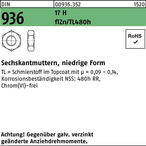Sechskantmutter DIN 936 M 8 17 H zinkbesch Gleitmittel flZnnc 480h-L 1000 Stück