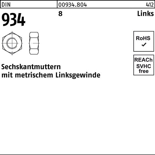 Sechskantmutter DIN 934 links M 6 -LH 8 100 Stück