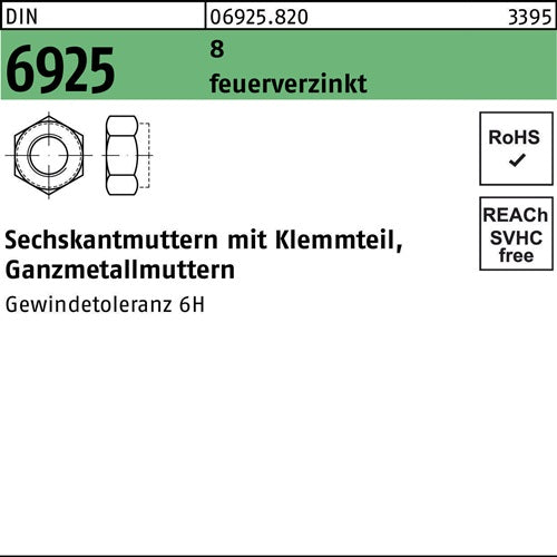 Sechskantmutter DIN 6925 Klemmteil M12 8 feuerverz 100 Stück - VPE: 100