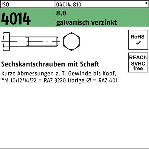 Sechskantschraube ISO 4014 mSchaft M 14 x 160 88 galvanisch verzinkt 25 Stück
