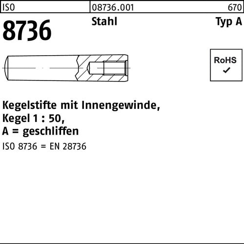 Kegelstift ISO 8736 mInnengewinde A 20 x 55 Stahl Kegel 1:50 5 Stück