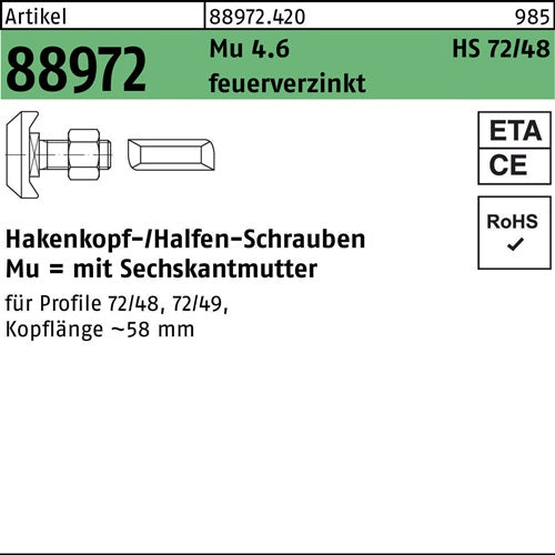Hammerkopfschraube R 88972 Typ 72/48 M24x 75 Mu 46 feuerverz 15St HALFEN - VPE: 15