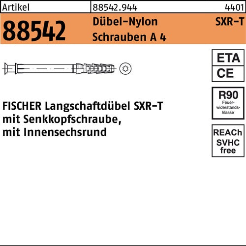 Rahmendübel R 88542 SXR 10x 80 T Schrauben A 4/Dübel-Nylon 50 Stück FISCHER - VPE: 50