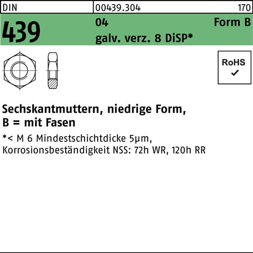 Sechskantmutter DIN 439 Form B BM 6 Automatenstahl galv verzinkt 8 DiSP 100 Stück
