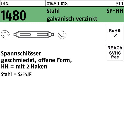 Spannschloss DIN 1480 offen m2Haken SP HH M 16 Stahl 36 galvanisch verzinkt 1 Stück
