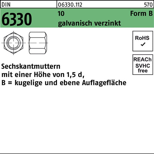 Sechskantmutter DIN 6330 FormB BM 16 SW 24 10 galvverz 25 Stück - VPE: 25