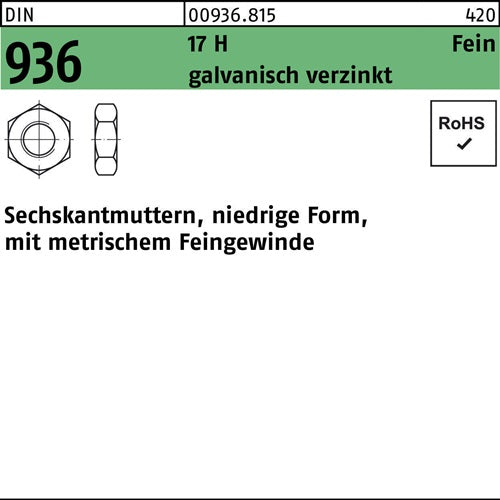 Sechskantmutter DIN 936 M 12 x 15 17 H galvanisch verzinkt 100 Stück