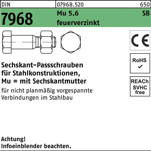 Sechskantpassschraube DIN 7968 CE Mutter M20x 75 56 feuerverz 25 Stück - VPE: 25