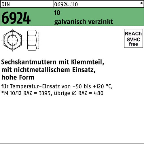 Sechskantmutter DIN 6924 Klemmteil M10 10 galvverz 100 Stück - VPE: 100