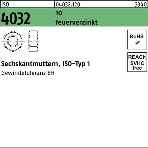 Sechskantmutter ISO 4032 M30 10 feuerverz 25 Stück - VPE: 25