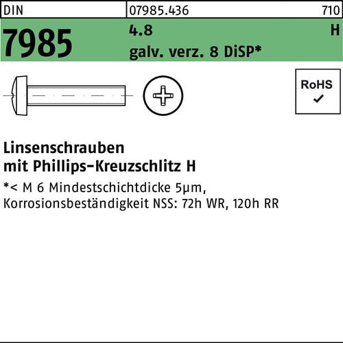 Linsenschraube DIN 7985 PH M3x12-H 48 galvverz 8 DiSP 2000St - VPE: 2000