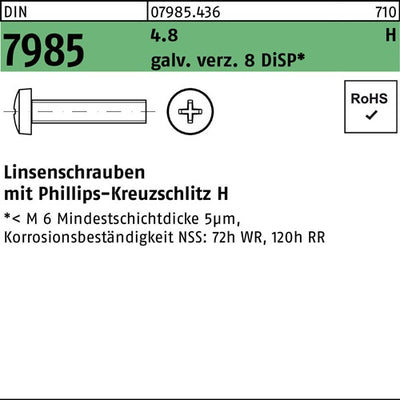 Linsenschraube DIN 7985 PH M4x30-H 48 galvverz 8 DiSP 1000St - VPE: 1000