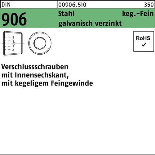 Verschlußschraube DIN 906 mInnen-6-kant M 16 x 15 Stahl galvanisch verzinkt 50 Stück