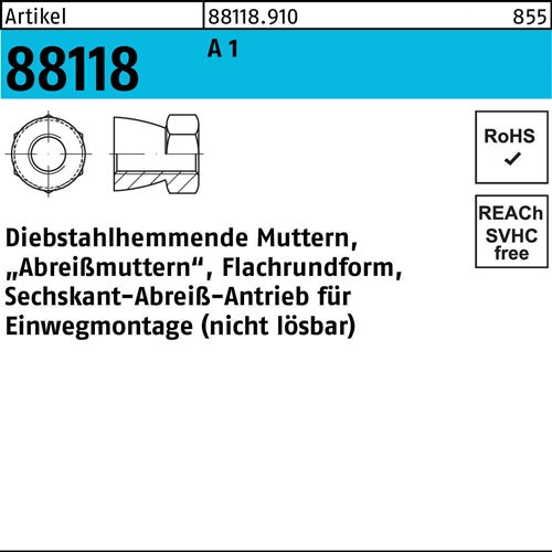 Mutter R 88118 diebstahlhemmend M8x 6 A 1 50 Stück - VPE: 50