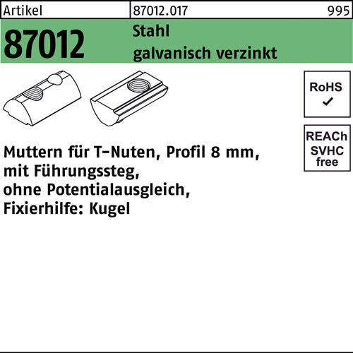 T-Nutenmutter R 87012 mFührungssteg/oPotenzialausgl 8mm M 8 Stahl galvanisch verzinkt 100 Stück