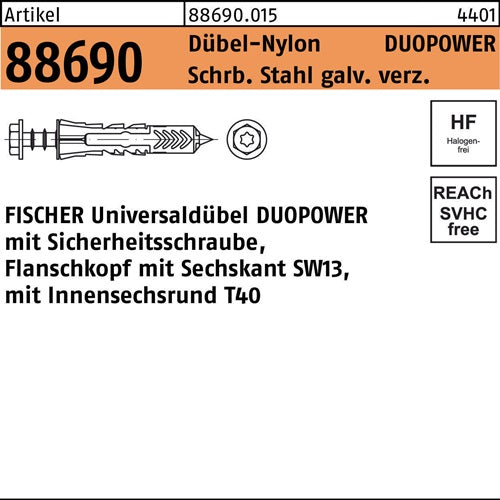 Dübel R 88690 6-kt-Schr DUOPOWER 10x50 S Schrverz/Dübel-Nylon 25St FISCHER - VPE: 25