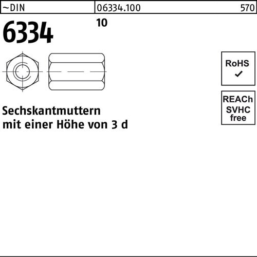 Sechskantmutter DIN 6334 M12 SW 19 10 50 Stück - VPE: 50
